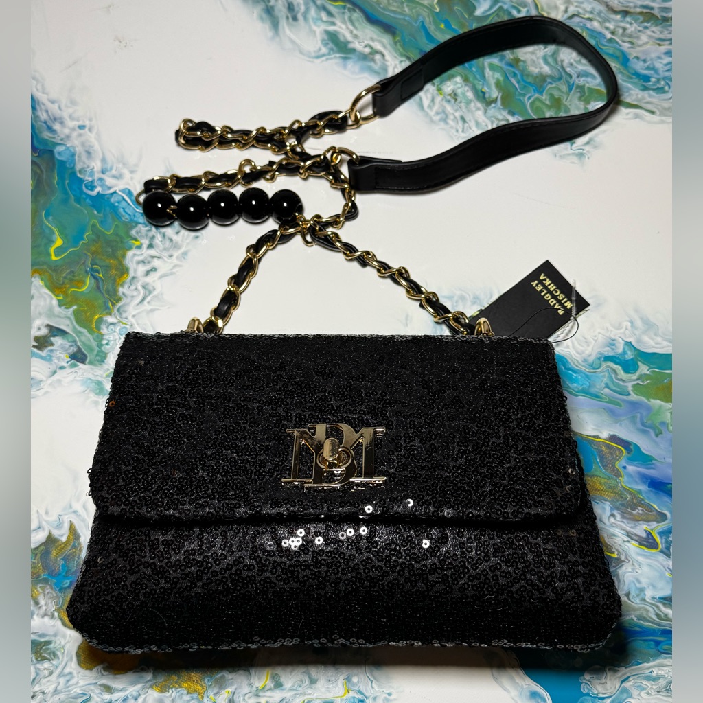 Badgley Mischka Brand New Sequin Blk Messenger Shoulder Bag W/Gold Chain Strap